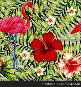 Beautiful bird pink flamingo, hibiscus and frangipani flower on a background of green palm leaves. Seamless vector hawaii print wallpaper pattern