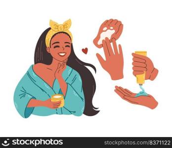 Beautiful black young woman applying cosmetic product. Skin care banner. Skincare routine, mask applying and cosmetics. Vector concept illustration.