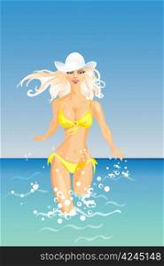 beautiful blond girl with long hair in a white hat and yellow bathing suit enters the sea