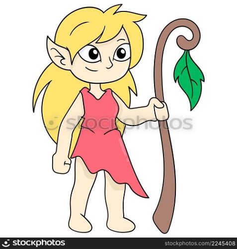 beautiful blonde elf carrying a cane in charge of maintaining the balance of forest nature