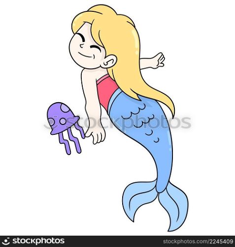 beautiful blonde mermaid swimming with jellyfish