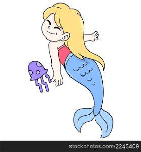 beautiful blonde mermaid swimming with jellyfish