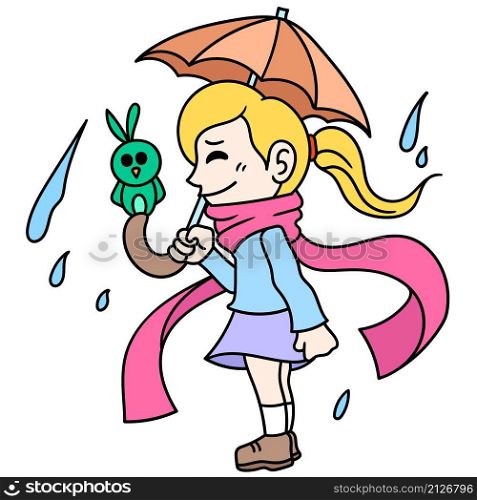 beautiful blonde woman wearing an umbrella in the rainy season