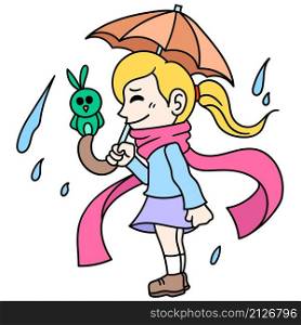 beautiful blonde woman wearing an umbrella in the rainy season