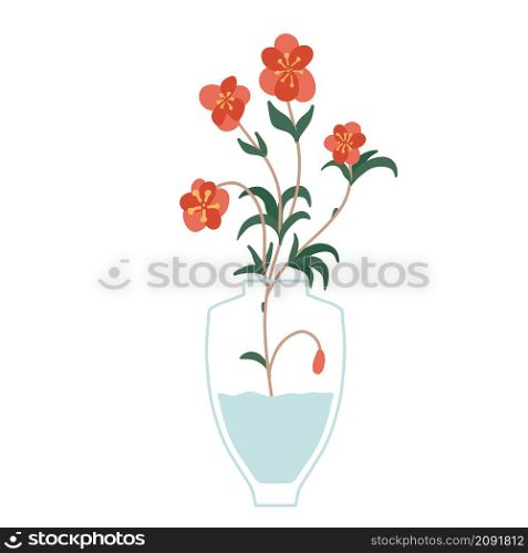 Beautiful blooming composition with leaves and stem isolated on white. Flowering plants and herbs.Gorgeous bouquet of flowers with decorative branches in vase flat vector illustration.. Beautiful blooming composition with leaves and stem isolated on white. Flowering plants and herbs.