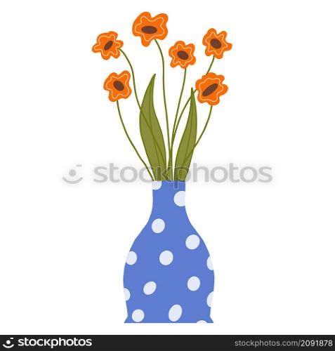 Beautiful blooming composition with leaves and stem isolated on white. Flowering plants and herbs.Gorgeous bouquet of flowers with decorative branches in vase flat vector illustration.. Bouquet of field orange poppies in a blue vase. Beautiful blooming composition with leaves and stem isolated on white.