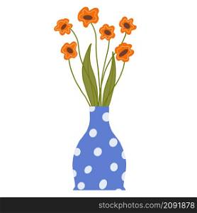 Beautiful blooming composition with leaves and stem isolated on white. Flowering plants and herbs.Gorgeous bouquet of flowers with decorative branches in vase flat vector illustration.. Bouquet of field orange poppies in a blue vase. Beautiful blooming composition with leaves and stem isolated on white.