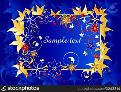 Beautiful blue and gold autumn floral frame vector illustration