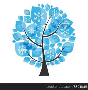 Beautiful Blue Winter Tree with Snowflakes on a White Background Vector Illustration. EPS10