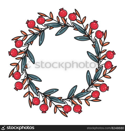 Beautiful botanical christmas wreath isolated vector illustration. Leafy and berry rim. Round natural frame for invitation or congratulations