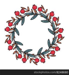 Beautiful botanical christmas wreath isolated vector illustration. Leafy and berry rim. Round natural frame for invitation or congratulations