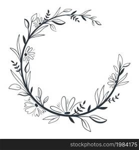 Beautiful botanical wreath with flowers and leaves doodle style. Floral frame, template for greeting cards or greetings. Circular leafy border, vector illustration.. Beautiful botanical wreath with flowers and leaves doodle style.