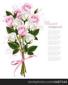 Beautiful bouquet of pink and white roses. Vector