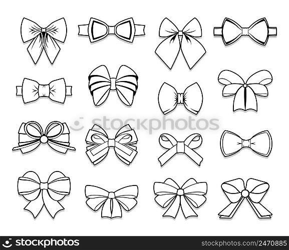 Beautiful bows elements collection of different shapes in outline style on white background isolated vector illustration. Beautiful Bows Elements Collection