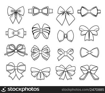 Beautiful bows elements collection of different shapes in outline style on white background isolated vector illustration. Beautiful Bows Elements Collection