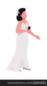 Beautiful bride with microphone semi flat color vector character. Standing figure. Full body person on white. Wedding day simple cartoon style illustration for web graphic design and animation. Beautiful bride with microphone semi flat color vector character