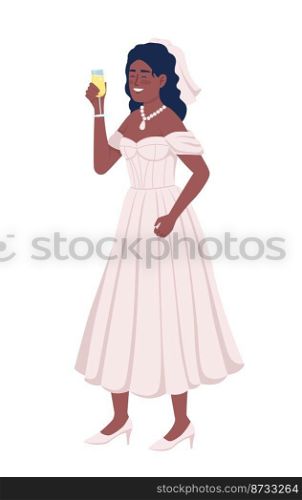 Beautiful bride with sparkling wine glass semi flat color vector character. Editable figure. Full body person on white. Simple cartoon style illustration for web graphic design and animation. Beautiful bride with sparkling wine glass semi flat color vector character