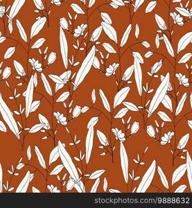 Beautiful brown paradise flowers blossom and stems or leaves design, floral textile vector seamless pattern drawn by hand. Exotic botanical orange background of summer decorative elements