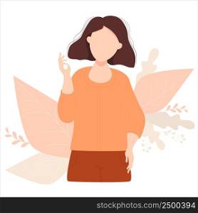 Beautiful brunette girl with a hairstyle with a raised hand counts on the fingers. Vector illustration. Cute character feminine concept. Isolated on decorative background with tropical leaves