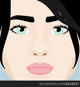 Beautiful brunette girls face close up. Woman with black hair and blue eyes. Vector illustration