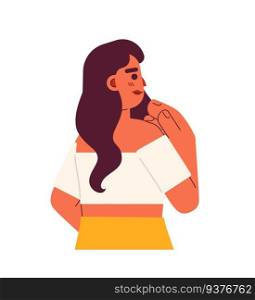 Beautiful brunette woman looking excited semi flat colorful vector character. Indian lady pleased. Editable half body person on white. Simple cartoon spot illustration for web graphic design. Beautiful brunette woman looking excited semi flat colorful vector character