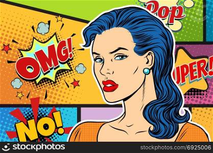 Beautiful brunette woman pop art background. retro vector illustration. Beautiful brunette woman pop art background