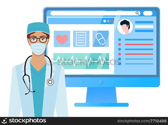 Beautiful brunette young female doctor with phonendoscope. Half body portrait of girl. Program landing page template. App for providing medical service online. Website for analyzing state of health. Beautiful brunette young female doctor with phonendoscope. App for providing medical services online