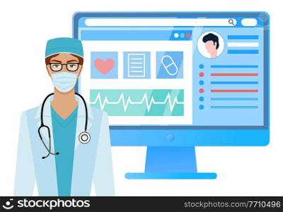 Beautiful brunette young female doctor with phonendoscope. Half body portrait of girl. Program landing page template. App for providing medical service online. Website for analyzing state of health. Beautiful brunette young female doctor with phonendoscope. App for providing medical services online