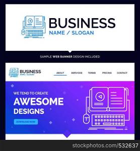 Beautiful Business Concept Brand Name book, ebook, interactive, mobile, video Logo Design and Pink and Blue background Website Header Design template. Place for Slogan / Tagline. Exclusive Website banner and Business Logo design Template