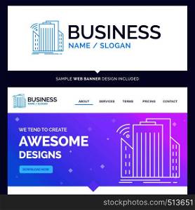 Beautiful Business Concept Brand Name Buildings, city, sensor, smart, urban Logo Design and Pink and Blue background Website Header Design template. Place for Slogan / Tagline. Exclusive Website banner and Business Logo design Template