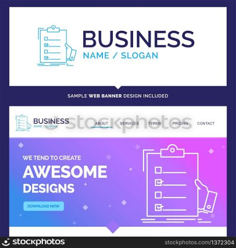 Beautiful Business Concept Brand Name checklist, check, expertise, list, clipboard Logo Design and Pink and Blue background Website Header Design template. Place for Slogan / Tagline. Exclusive Website banner and Business Logo design Template