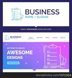 Beautiful Business Concept Brand Name checklist, check, expertise, list, clipboard Logo Design and Pink and Blue background Website Header Design template. Place for Slogan / Tagline. Exclusive Website banner and Business Logo design Template