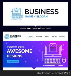 Beautiful Business Concept Brand Name Code, coding, computer, monoblock, screen Logo Design and Pink and Blue background Website Header Design template. Place for Slogan / Tagline. Exclusive Website banner and Business Logo design Template