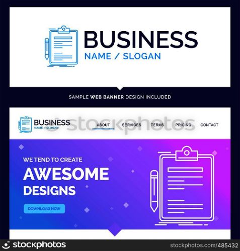 Beautiful Business Concept Brand Name Contract, check, Business, done, clip board Logo Design and Pink and Blue background Website Header Design template. Place for Slogan / Tagline. Exclusive Website banner and Business Logo design Template