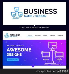 Beautiful Business Concept Brand Name database, distributed, connection, network, computer Logo Design and Pink and Blue background Website Header Design template. Place for Slogan / Tagline. Exclusive Website banner and Business Logo design Template