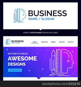 Beautiful Business Concept Brand Name Design, human, ruler, size, thinking Logo Design and Pink and Blue background Website Header Design template. Place for Slogan / Tagline. Exclusive Website banner and Business Logo design Template