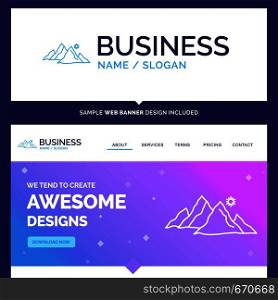 Beautiful Business Concept Brand Name mountain, landscape, hill, nature, sun Logo Design and Pink and Blue background Website Header Design template. Place for Slogan / Tagline. Exclusive Website banner and Business Logo design Template