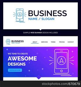 Beautiful Business Concept Brand Name navigation, app, camping, gps, location Logo Design and Pink and Blue background Website Header Design template. Place for Slogan / Tagline. Exclusive Website banner and Business Logo design Template