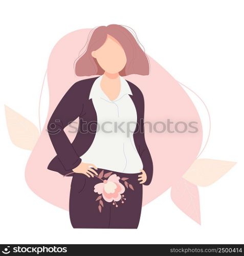Beautiful business girl With hair in a suit with a flower in her hand. Vector illustration. Womens health and menstruation concept. Character for design, decor, banners and posters