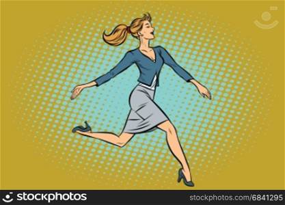 Beautiful businesswoman elegantly runs. Pop art retro vector illustration. Beautiful businesswoman elegantly runs