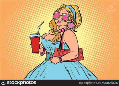Beautiful Busty young woman with a coke in hand. Comic book illustration pop art retro color vector. Beautiful Busty young woman with a coke in hand