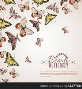 Beautiful butterfly decorative background with different moths and machaons vector illustration . Butterfly Realistic Background