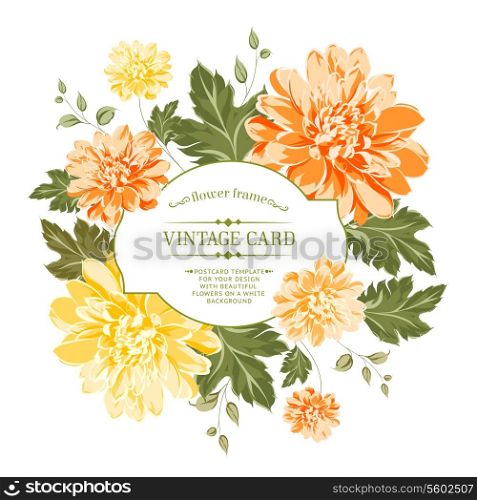 Beautiful card with a wreath of different color flowers. Vector illustration.