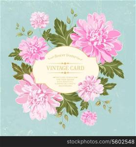 Beautiful card with a wreath of different color flowers. Vector illustration.