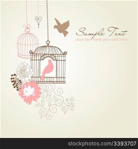 Beautiful card with two birdcages and birds