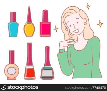 Beautiful cartoon character girl shining from beauty, collection of nail polish, isolated portrait of smiling young female wearing green shirt, avatar of lady and makeup instruments, lovely girl. Beautiful cartoon character girl shining from beauty, collection of nail polish, isolated portrait