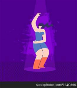 Beautiful Cartoon Disco Woman in Casual Clothes Dancing on Nightclub Stage Sensual Movements of Pretty Girl in Rays of Music Lights Vector Flat Illustration Dance Festival Marathon Nightlife Concept. Beautiful Cartoon Disco Woman in Casual Clothes