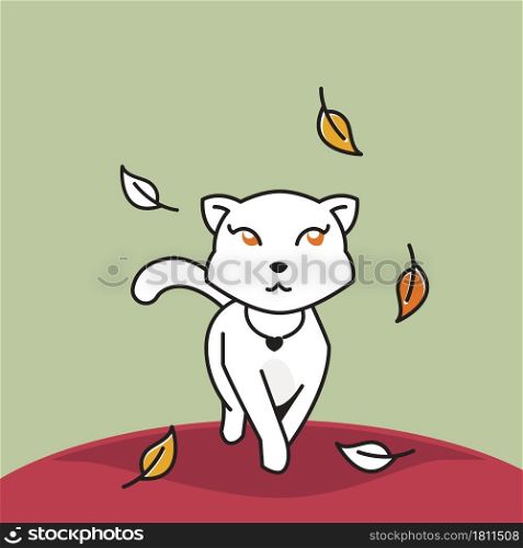 Beautiful Cat Walking Autumn Fall Leaves Season Cartoon