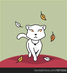 Beautiful Cat Walking Autumn Fall Leaves Season Cartoon