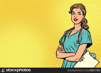 Beautiful Caucasian nurse with stethoscope. Medicine and health care. Pop art retro vector illustration. Beautiful Caucasian nurse with stethoscope